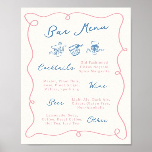 Whimsical Hand getrokken Roze & Blauwe Bar Menu Poster (Voorkant)