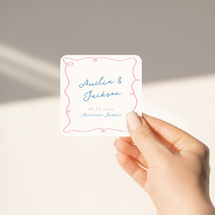 Whimsical Hand Getrokken Roze & Blauwe Bruiloft Vierkante Sticker