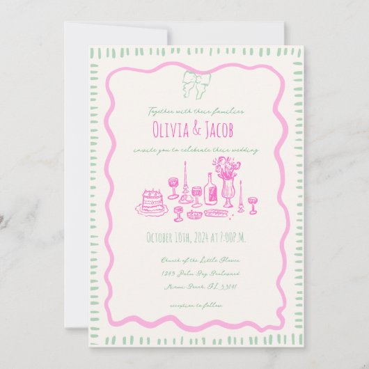 Whimsical Hand getrokken roze strik golvende bruil Kaart (Voorkant)