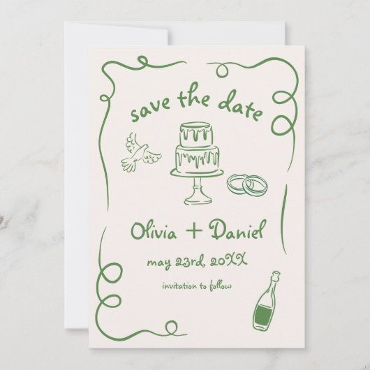 Whimsical Hand Getrokken Trouwfoto Groen Save The Date (Voorkant)