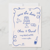 Whimsical Hand Getrokken Trouwfoto Navy Blue Save The Date (Voorkant)