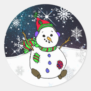 Whimsical Hand heeft Snowman op een Sterrennacht g Ronde Sticker