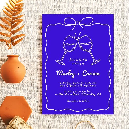 Whimsical Hand Lettered Elegant Royal Blue Wedding Kaart