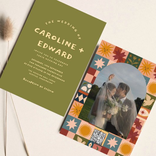 Whimsical handdrawn Bold colorful wedding Kaart