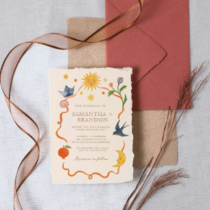 Whimsical handgeschilderd Bloemen Folk Wedding Kaart