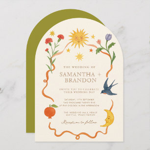 Whimsical handgeschilderd Hemelse Folk Wedding Kaart