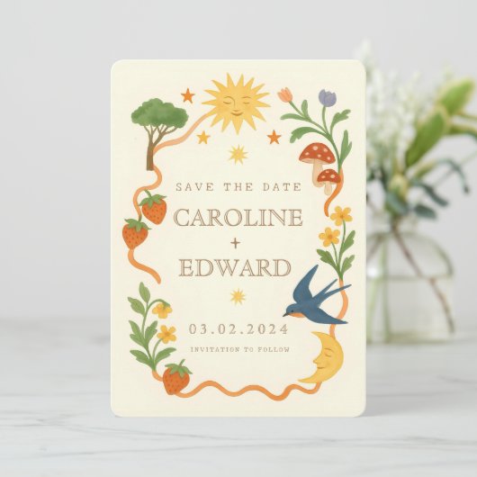 Whimsical handgeschilderd Hemelse Folk Wedding Save The Date (Staand voorkant)