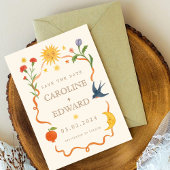 Whimsical handgeschilderd Hemelse Folk Wedding Save The Date