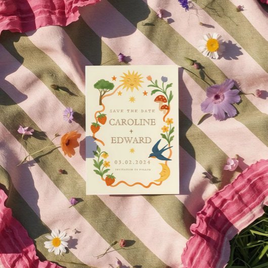 Whimsical handgeschilderd Hemelse Folk Wedding Save The Date