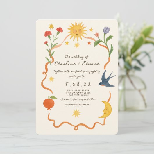 Whimsical Handgeschilderde Zon en Maan bruiloft Kaart (Staand voorkant)