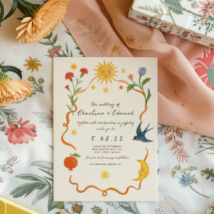 Whimsical Handgeschilderde Zon en Maan bruiloft Kaart
