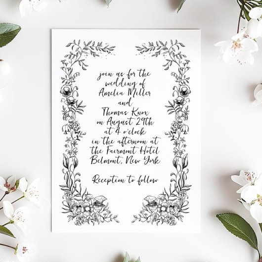 Whimsical Handgeschreven Floral Botanische Bruilof Kaart