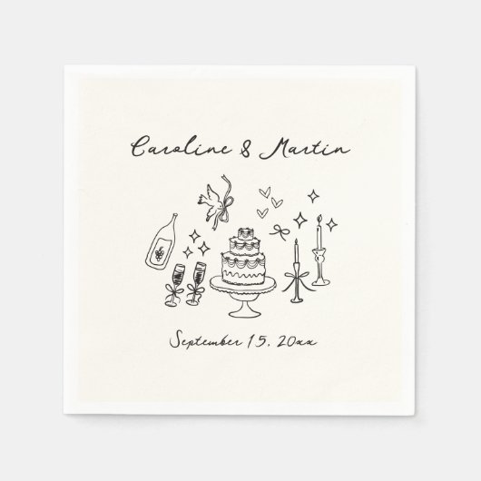 Whimsical, handgetekende bruiloft servet (Voorkant)