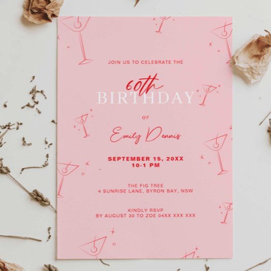 Whimsical handgetekende martini 60e verjaardagsfee kaart