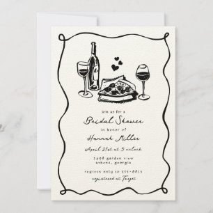 Whimsical Handgetekende Pizza Wijn Bruidsfeest Kaart