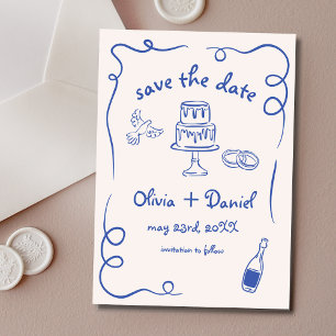 Whimsical Handgetekende Trouw Navyblauw Save The Date