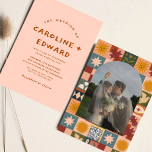 Whimsical handgetrokken Bold kleurrijke bruiloft Kaart