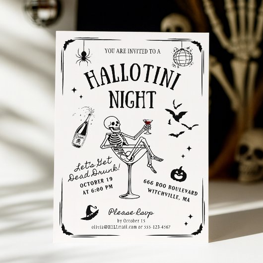 Whimsical Handwritten Skeleton Martini Halloween  Kaart