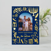 Whimsical HANUKKAH Schattigee Custom Photo GOLD Folie Feestdagenkaart (Staand Voorkant)