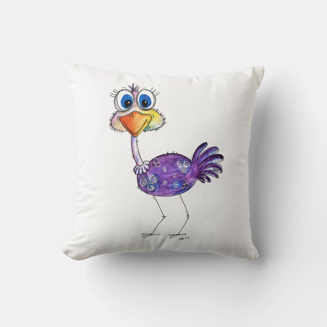 Whimsical Happy Paars Ostrich Kussen (Voorkant)