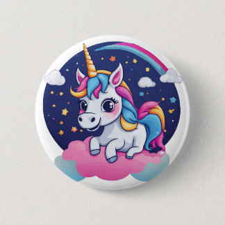 Whimsical Happy Unicorn on Pink Cloud Button