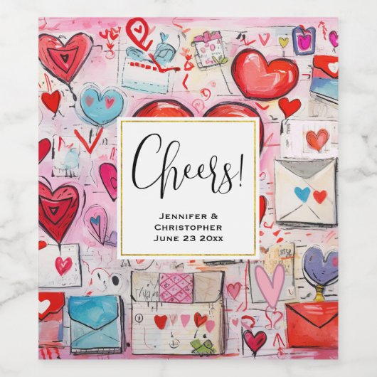 Whimsical Harten en Liefde Letters Patroon Wijn Etiket (Enkel label)