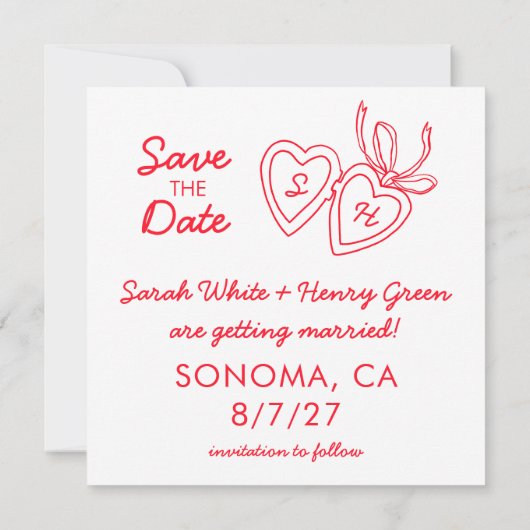 Whimsical Heart Locket Doodle Sketch Modern CUSTOM Save The Date (Achterkant)