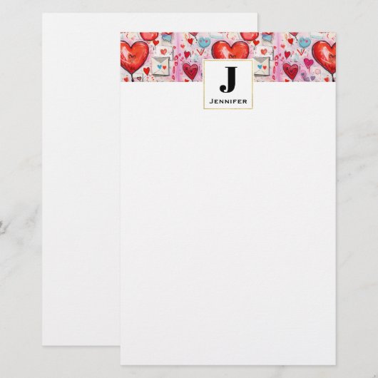 Whimsical Hearts and Love Letters Patroon Monogram Briefpapier (Voorkant / Achterkant)