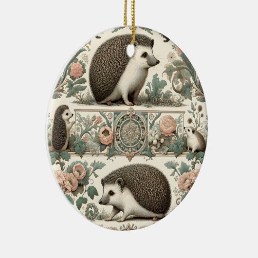 Whimsical Hedgehog Haven: Victoriaans bloemen Keramisch Ornament (Rechts)