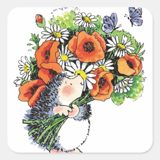 Whimsical Hedgel en Poppies Vierkante Sticker (Voorkant)