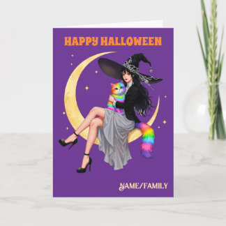 Whimsical Heks en Regenboog Kat Halloween Kaart