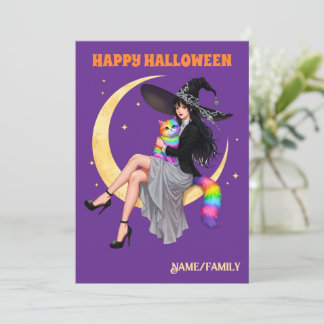 Whimsical Heks en Regenboog Kat Halloween Kaart