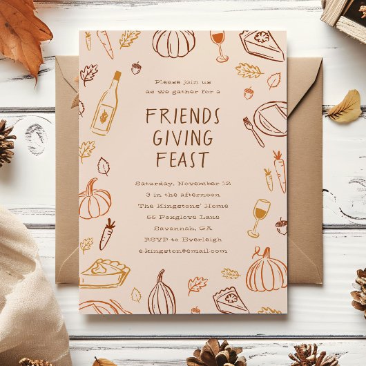 Whimsical Herfst Doodles Friendsgiving Dinner Kaart