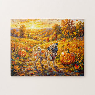 Whimsical Herfst Pompoen Pad Mops Illustratie Legpuzzel