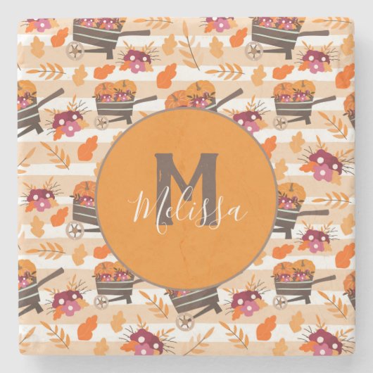 Whimsical Herfst Wheelbarrows Pattern Monogram Stenen Onderzetter (Voorkant)