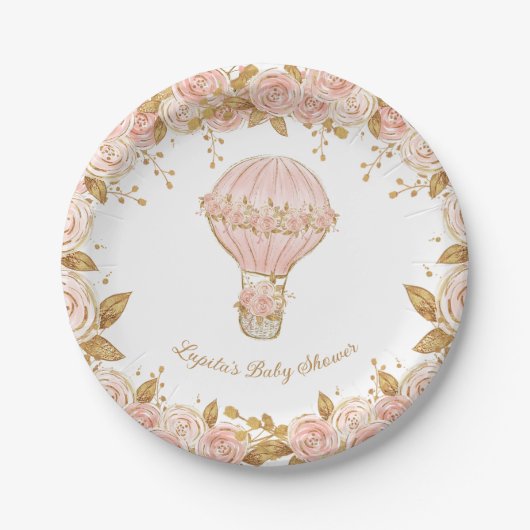 Whimsical Hete Luchtballon Roos Baby shower Papieren Bordje (Voorkant)