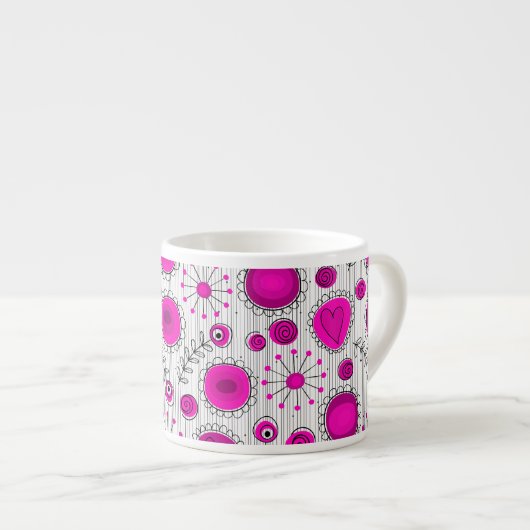 Whimsical hete roze witte harten en bloemen bloeme espresso kop (Voorkant rechts)