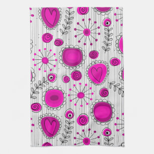 Whimsical hete roze witte harten en bloemen bloeme theedoek