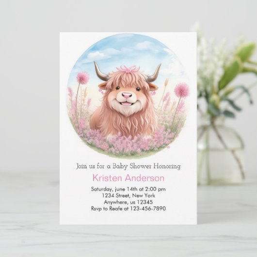 Whimsical Highland Koe Roze Meisje Baby shower Kaart (Staand voorkant)