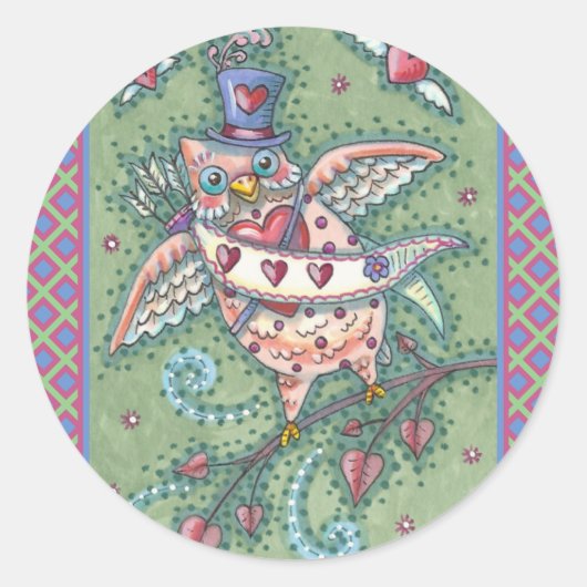 WHIMSICAL HOOTS N' HEARTS CUPID OWL VALENTIJN RONDE STICKER (Voorkant)