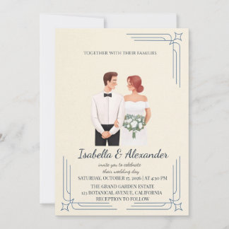 Whimsical Illustrated Couple Wedding Invitation Kaart