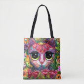 Whimsical Impressionistische Big Eyed Kat in Bloem Draagtas (Voorkant)