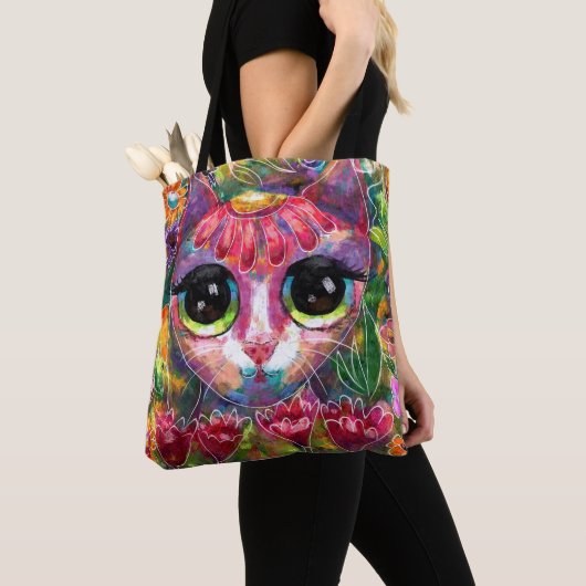 Whimsical Impressionistische Big Eyed Kat in Bloem Draagtas (Dichtbij)