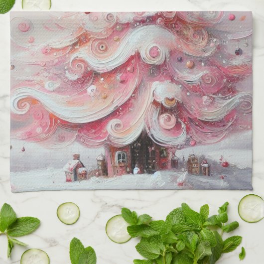 Whimsical Impressionistische Kerstboom Roze Theedoek (Gevouwen)