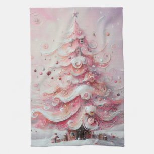 Whimsical Impressionistische Kerstboom Roze Theedoek