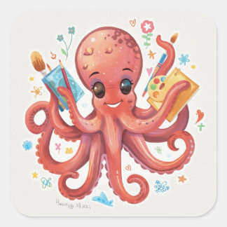 Whimsical Inktvis Schilderijen – Creatieve Kunst Vierkante Sticker