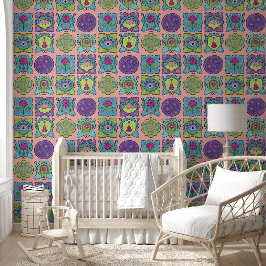 Whimsical Jewel Tones Hand getrokken Boho perzik Behang (Kinderen)