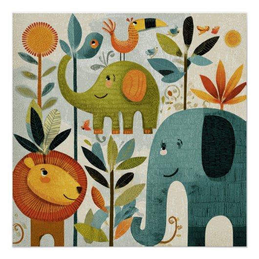 Whimsical Jungle Animals Nursery Wall Art Perfect Poster (Voorkant)