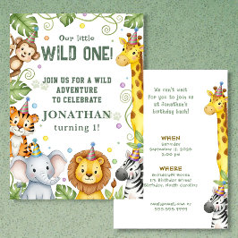 Whimsical Jungle Safari Animal Birthday Invitation Kaart