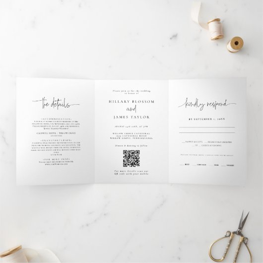 Whimsical kalligrafie Elegante bruiloft Drieluik Uitnodiging (Binnen)